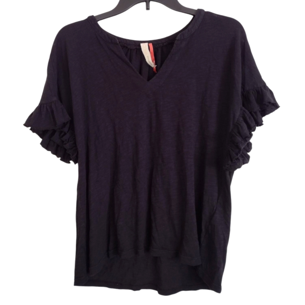 Anthropologie Pilcro Black Ruffle Short Sleeve Top 100% cotton size XS